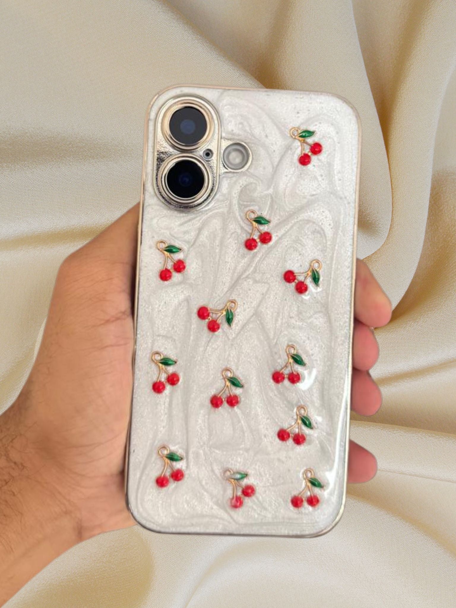 iPhone 15 3D Cherries Glittery Cover - lifestyle