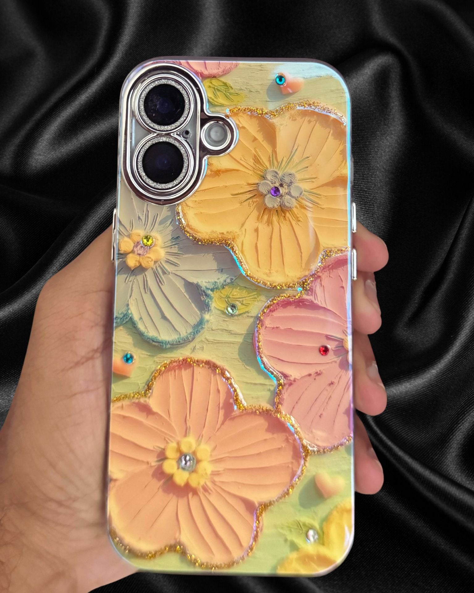 iPhone 16 Series Floral Glossy Glitter Cover - phone case