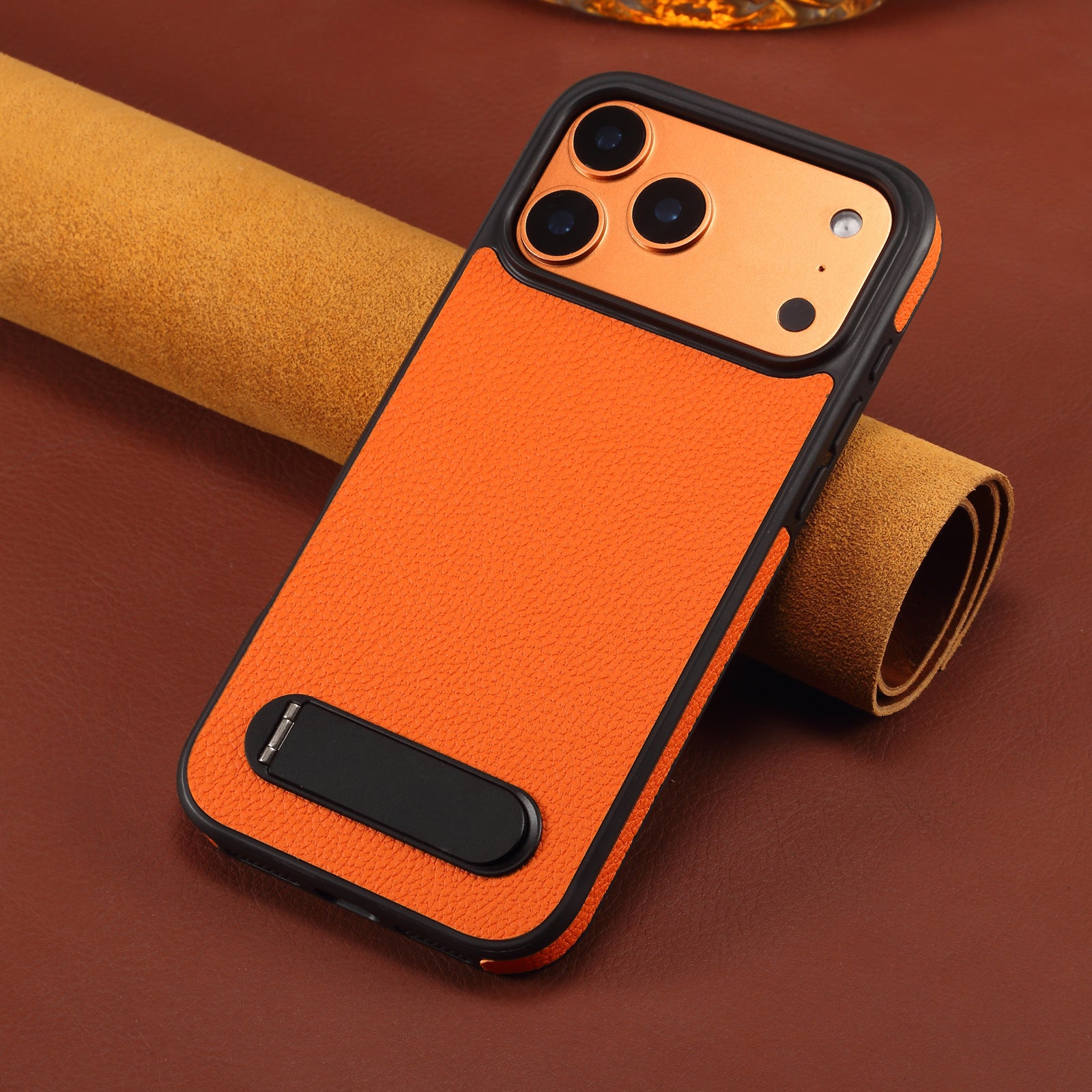iPhone 17 Series Cosmic Orange Leather Kickstand Cover - protective case detail