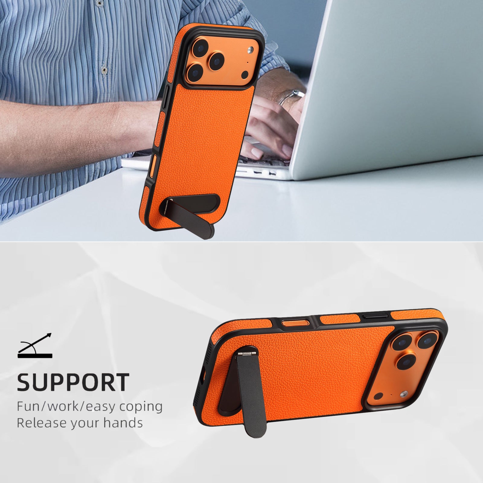 iPhone 17 Series Cosmic Orange Leather Kickstand Cover - lifestyle