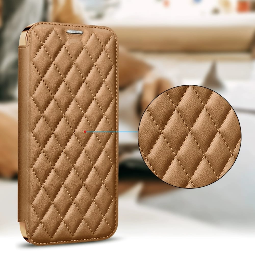 iPhone 17 Series Gold Electroplated Leather Flip Cover - slim profile