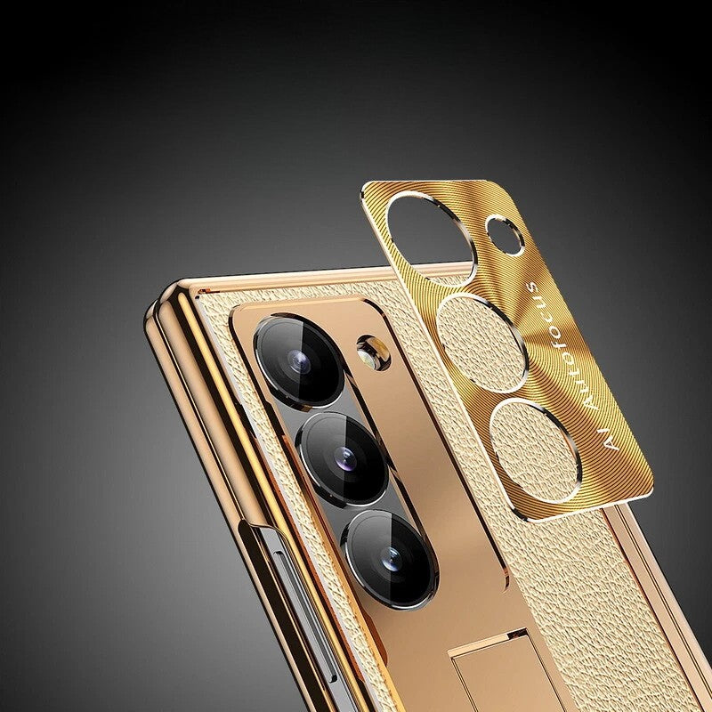 Samsung Galaxy Z Fold 6 Gold Leather Stylus Cover - phone case