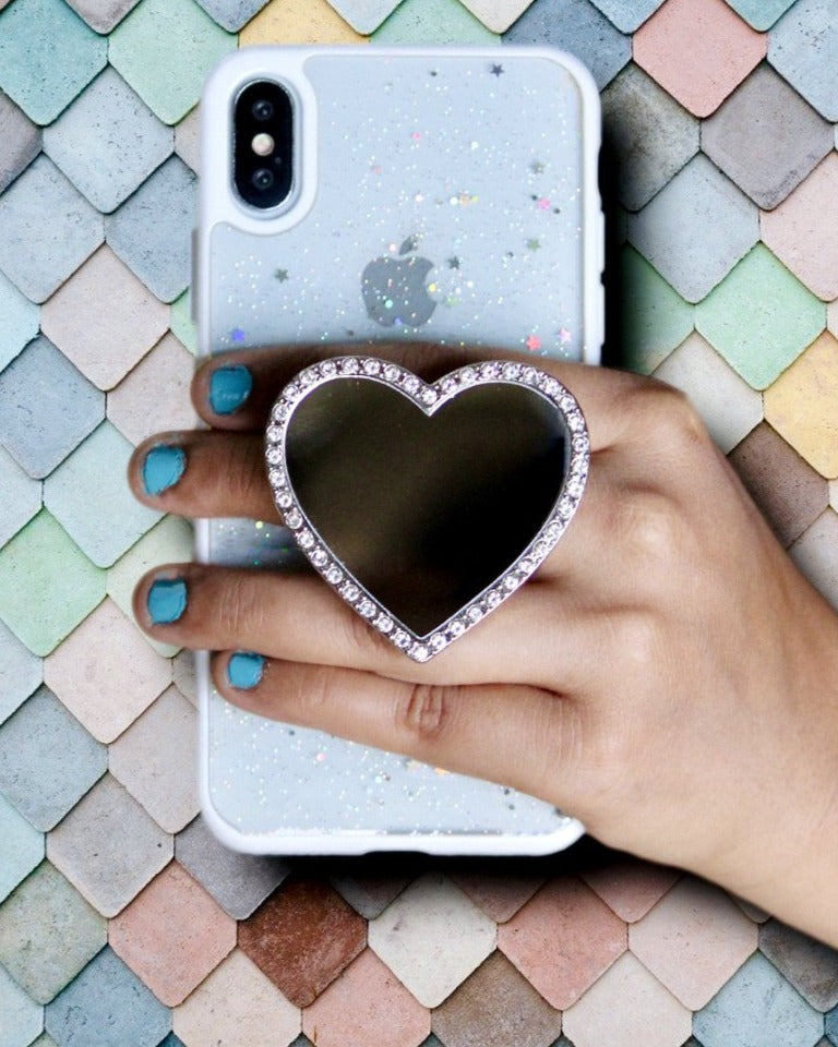 Heart Rhinestones Mirror Phone Gripper Holder | Crystal Glam Cover