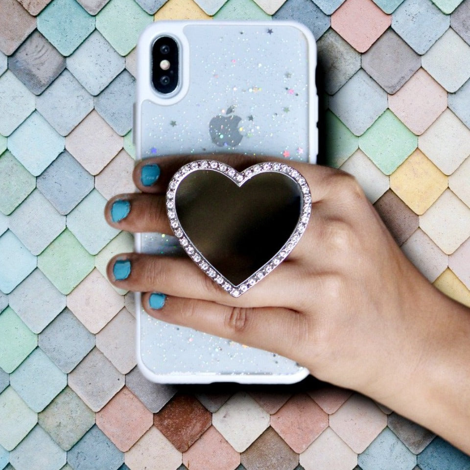 Heart Rhinestones Mirror Phone Gripper Holder | Crystal Glam Cover