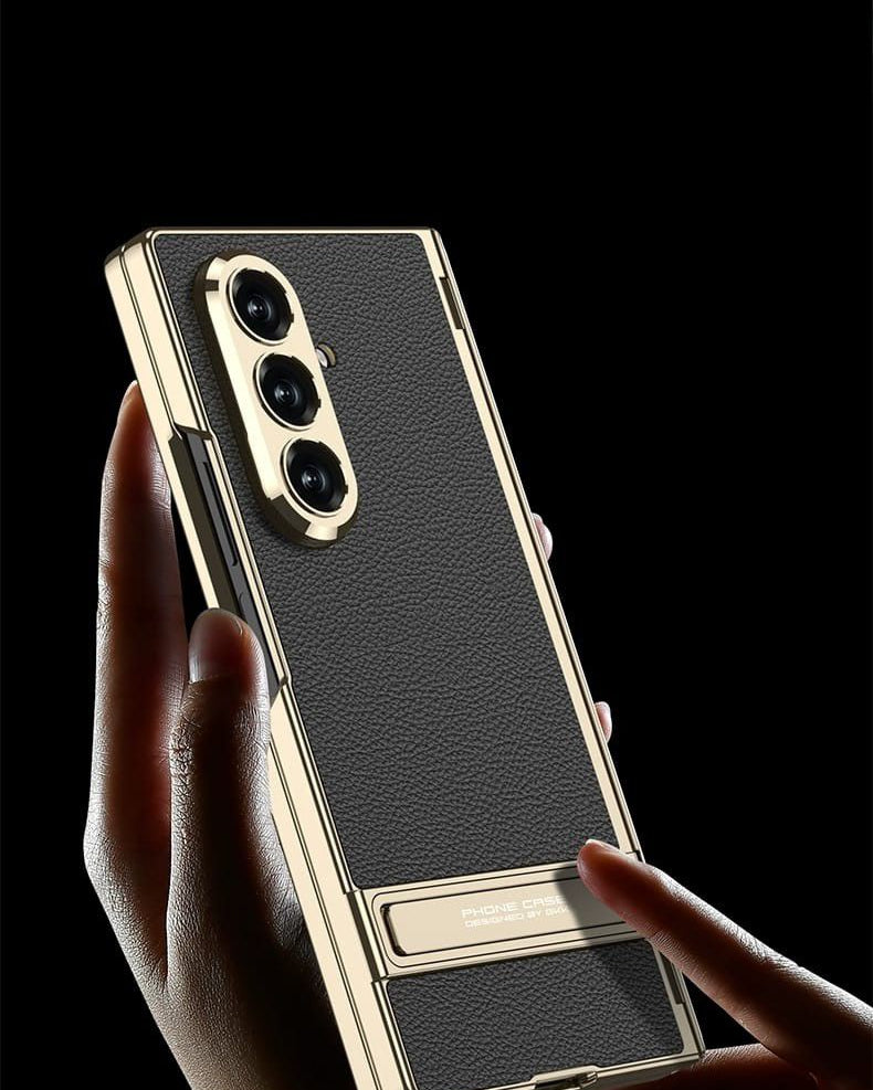 Samsung Galaxy Z Fold 7 Leather Gold Electroplated Kickstand Cover() - protective case detail