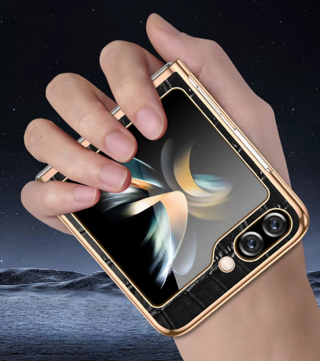 Samsung Galaxy Z Flip 5 Gold Electroplated Croco Pattern Leather Cover - phone case