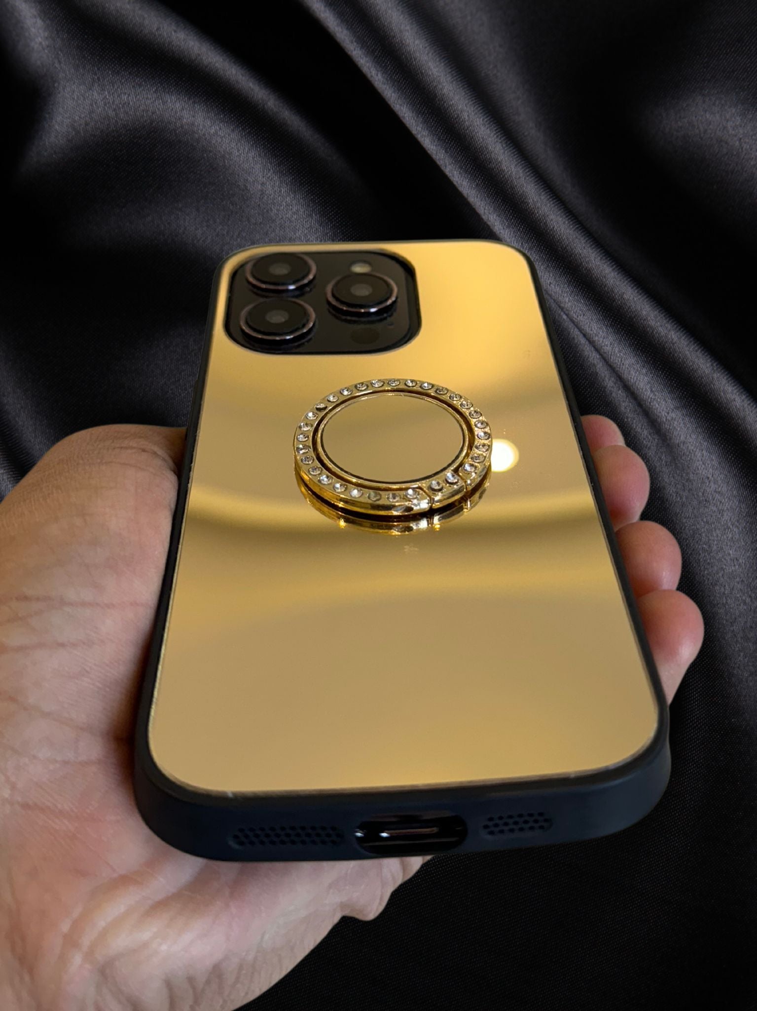 iPhone 15 Series Gold Mirror Rhinestones Ring Holder Cover - lifestyle
