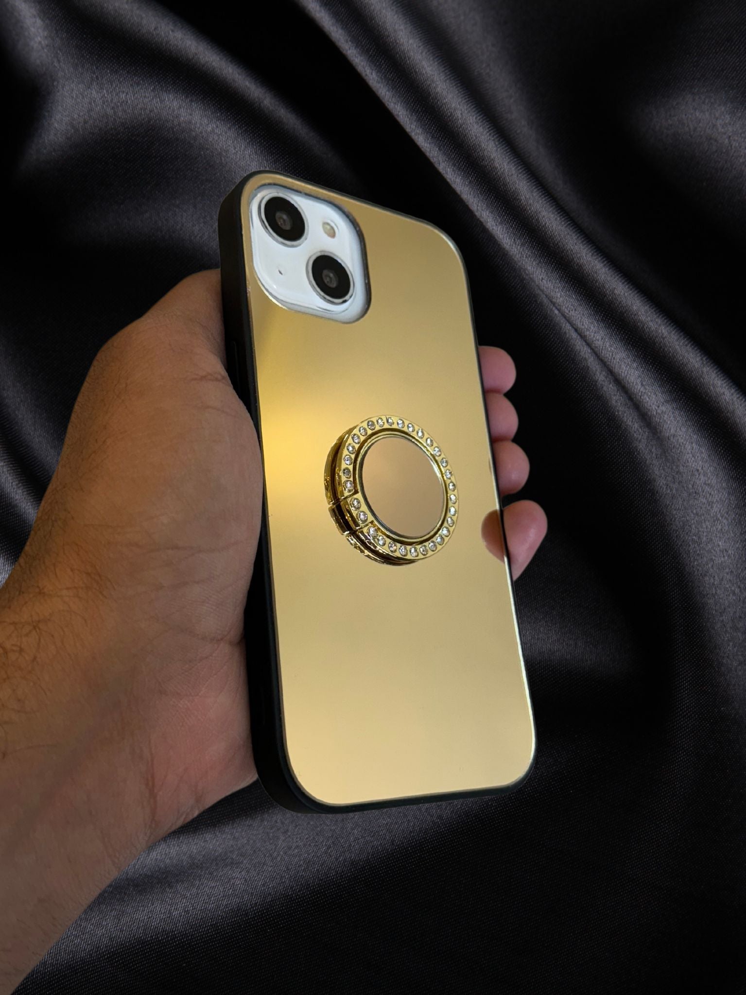 iPhone 15 Series Gold Mirror Rhinestones Ring Holder Cover - protective case detail