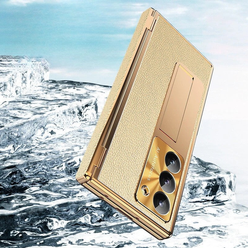 Samsung Galaxy Z Fold 6 Gold Leather Stylus Cover - protective case detail