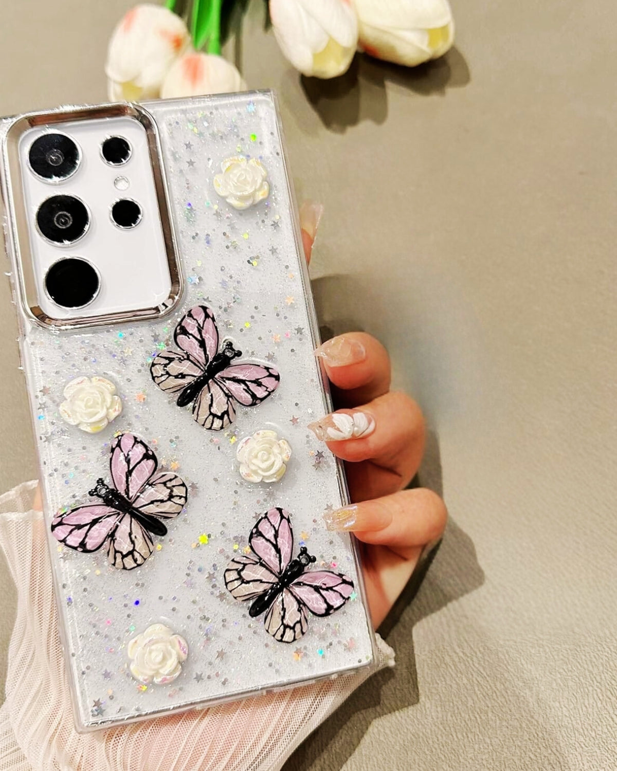 Samsung Galaxy S25 3D Butterfly Roses Glittery Cover - colour options