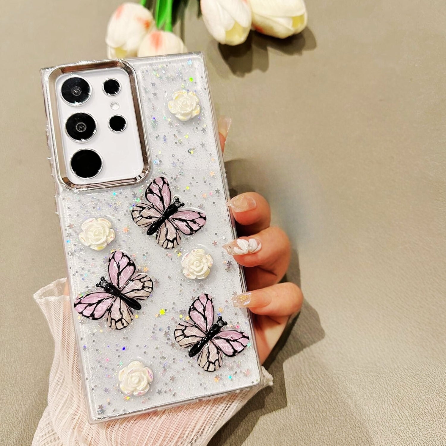Samsung Galaxy S25 3D Butterfly Roses Glittery Cover - colour options