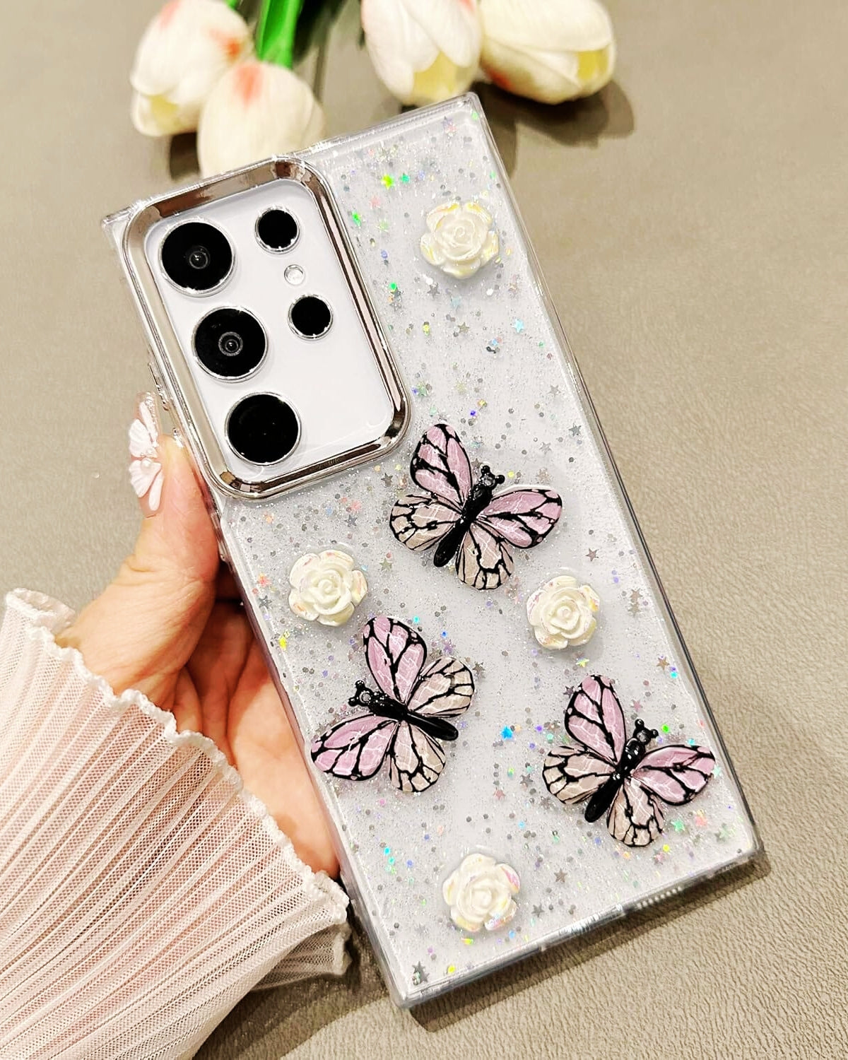 Samsung Galaxy S25 3D Butterfly Roses Glittery Cover - lifestyle