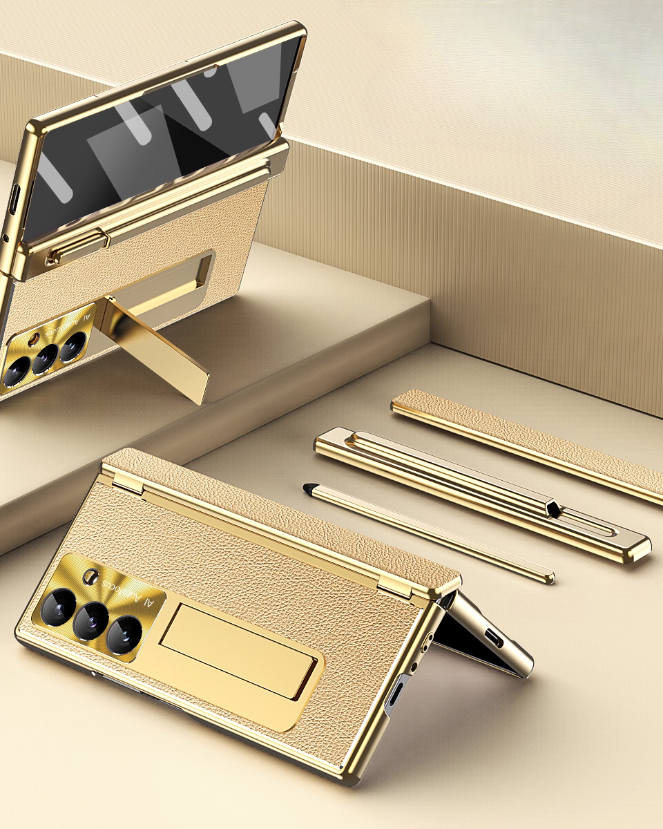 Samsung Galaxy Z Fold 6 Gold Leather Stylus Cover | Luxury Leather