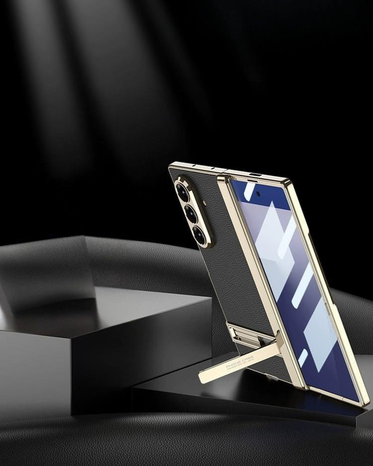 Samsung Galaxy Z Fold 7 Leather Gold Electroplated Kickstand Cover() - lifestyle