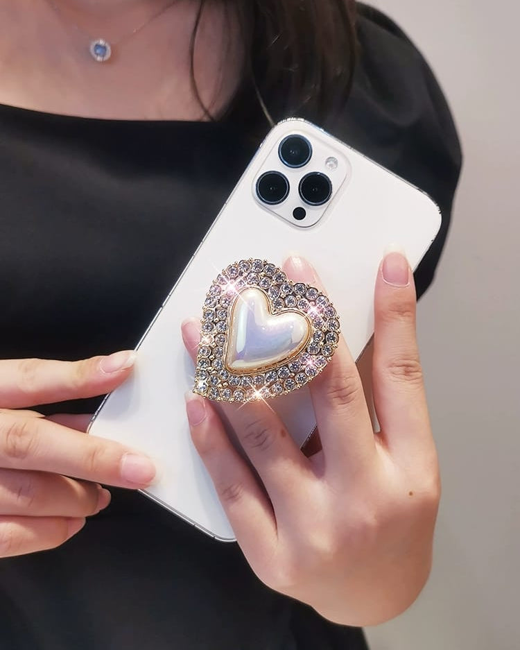 Pearl Heart Rhinestones Phone Gripper Holder | Crystal Glam Cover