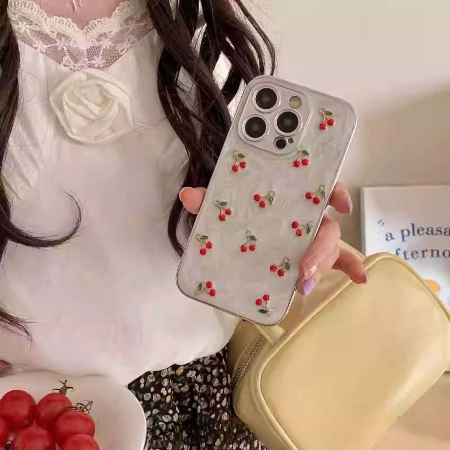 iPhone 15 3D Cherries Glittery Cover - colour options