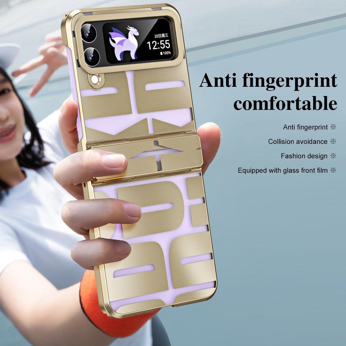 Samsung Galaxy Z Flip 3 Gold Electroplated Retro Style Glass Cover (wi - lifestyle