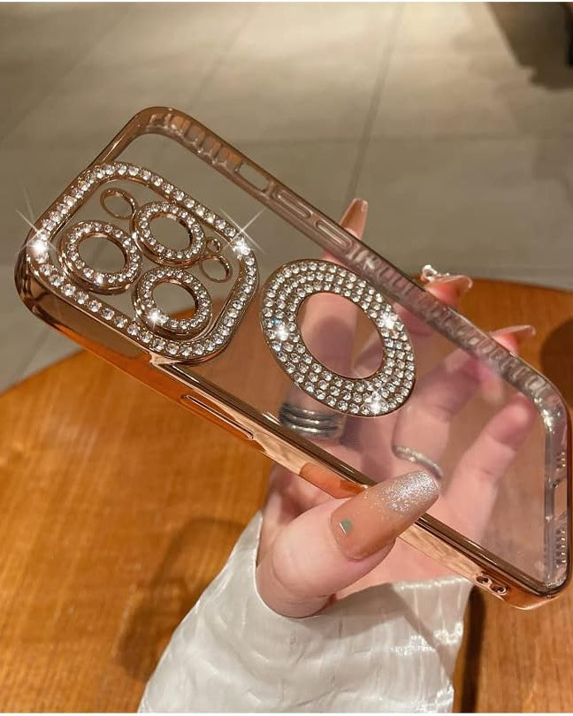 iPhone 16 Series Gold Electroplated Diamond Rhinestones Cover - colour options