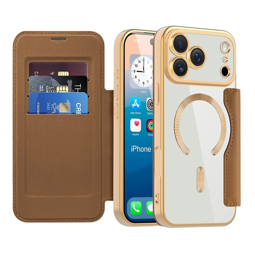 iPhone 17 Series Gold Electroplated Leather Flip Cover - phone case