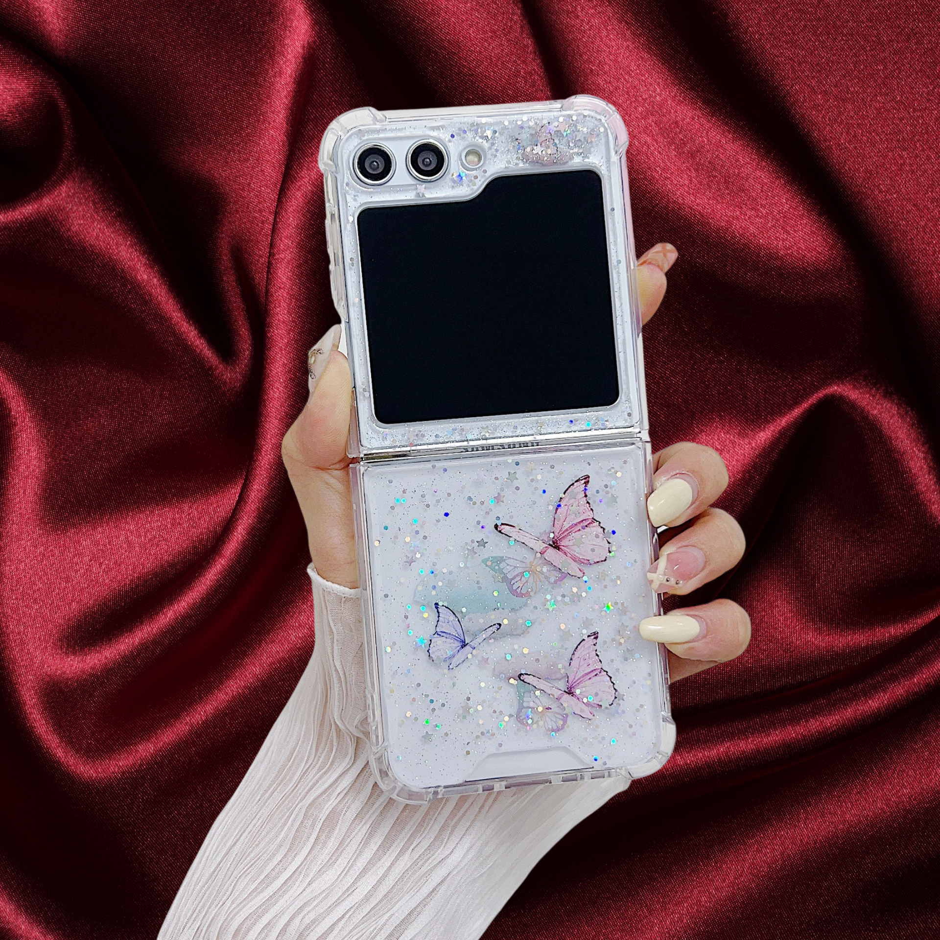 Samsung Galaxy Z Flip 7 Butterfly Glitter Transparent Cover - protective case detail