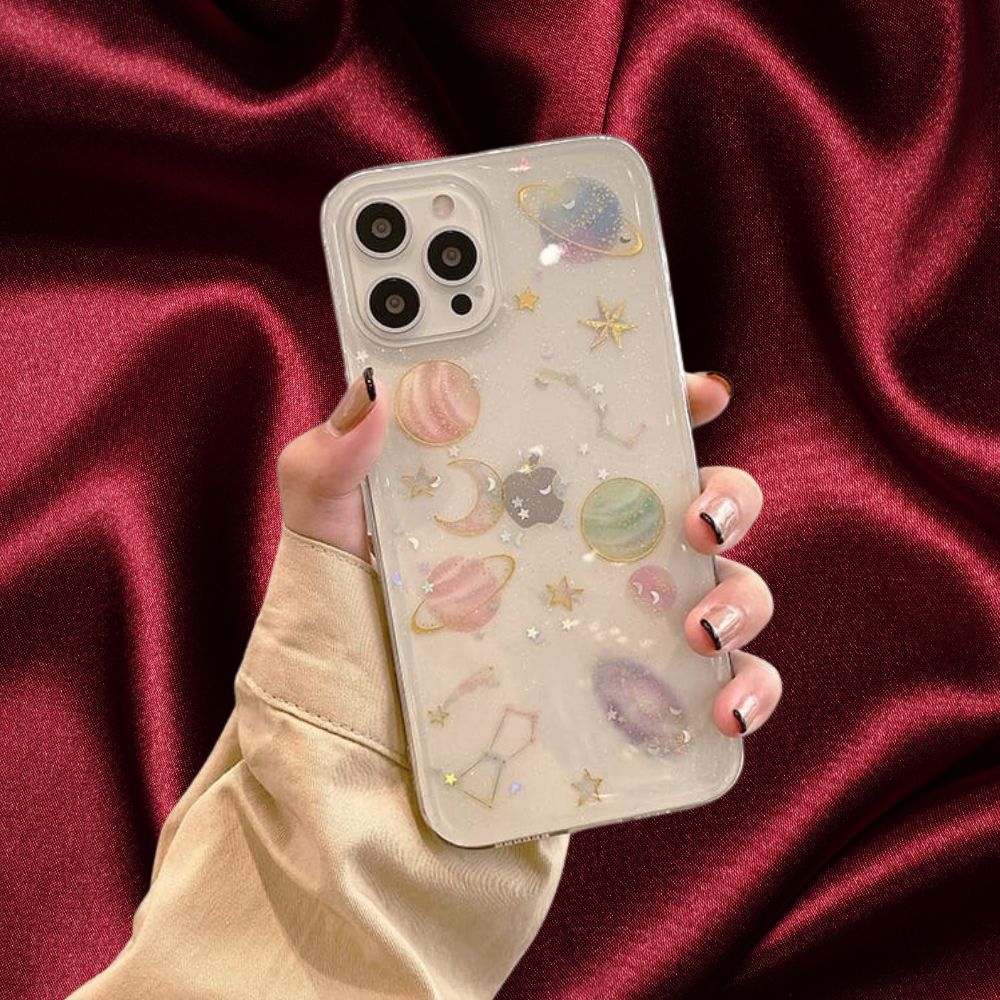 Glittery Stars and Planets Transparent Case iPhone cover – JustAndBest India