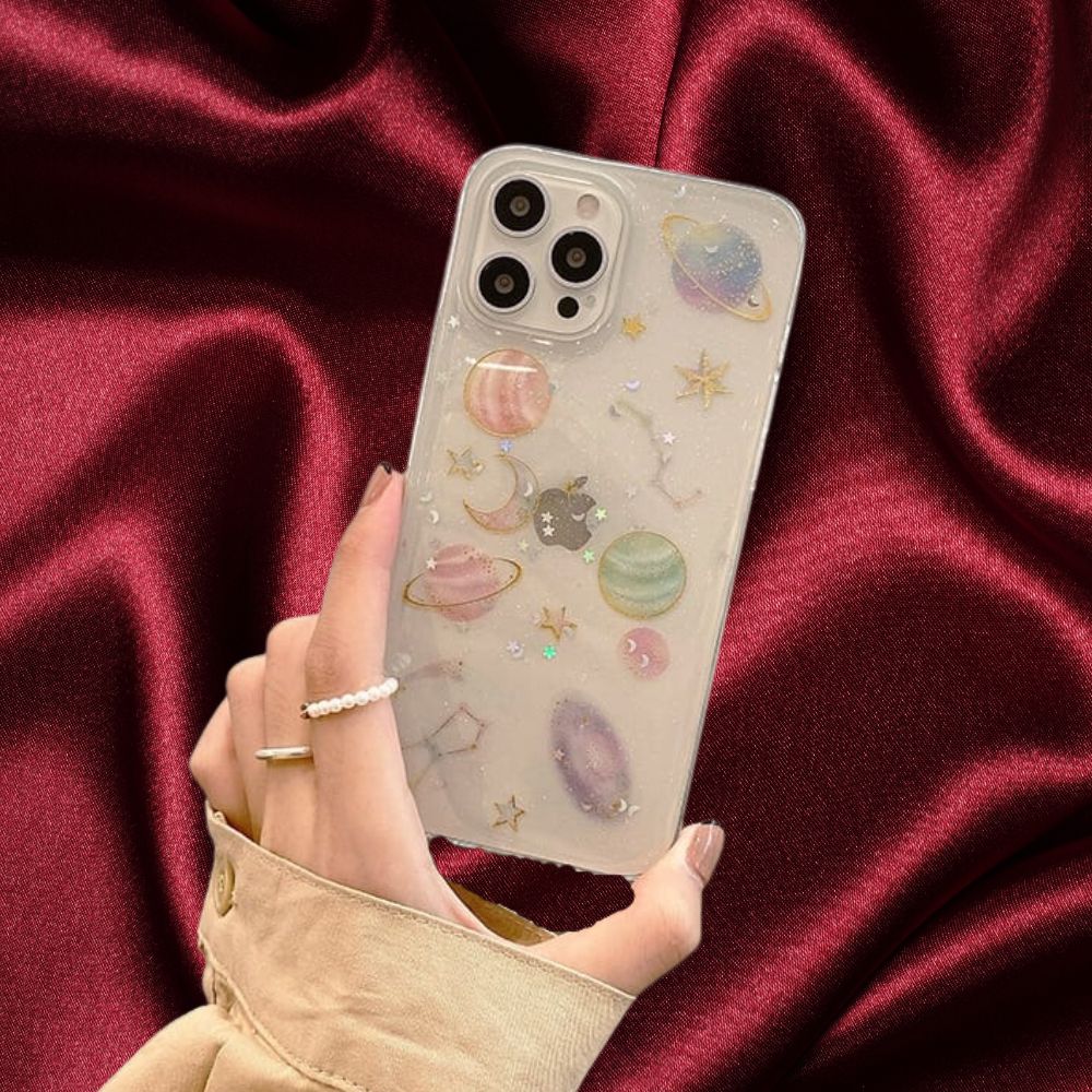Glittery Stars and Planets Transparent Case iPhone cover – JustAndBest India