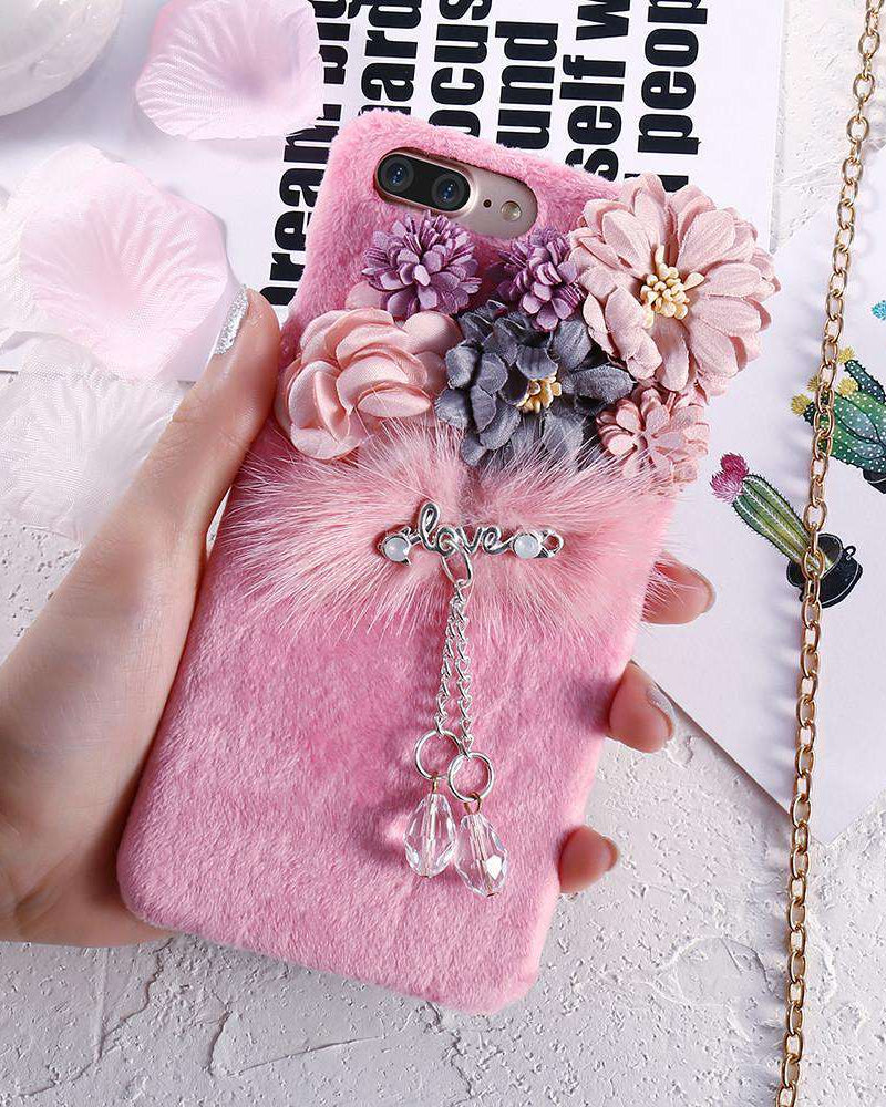 Cosy Fur Crystal Pendant Flowered iPhone SE 2020 Case