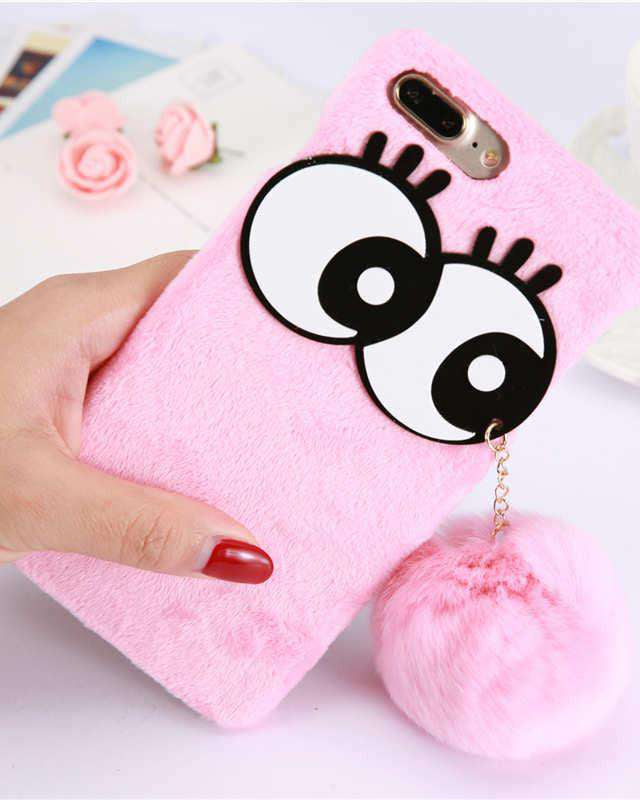 Cute Eyes Pom Pom Pendant Plush Case iPhone cover – JustAndBest India