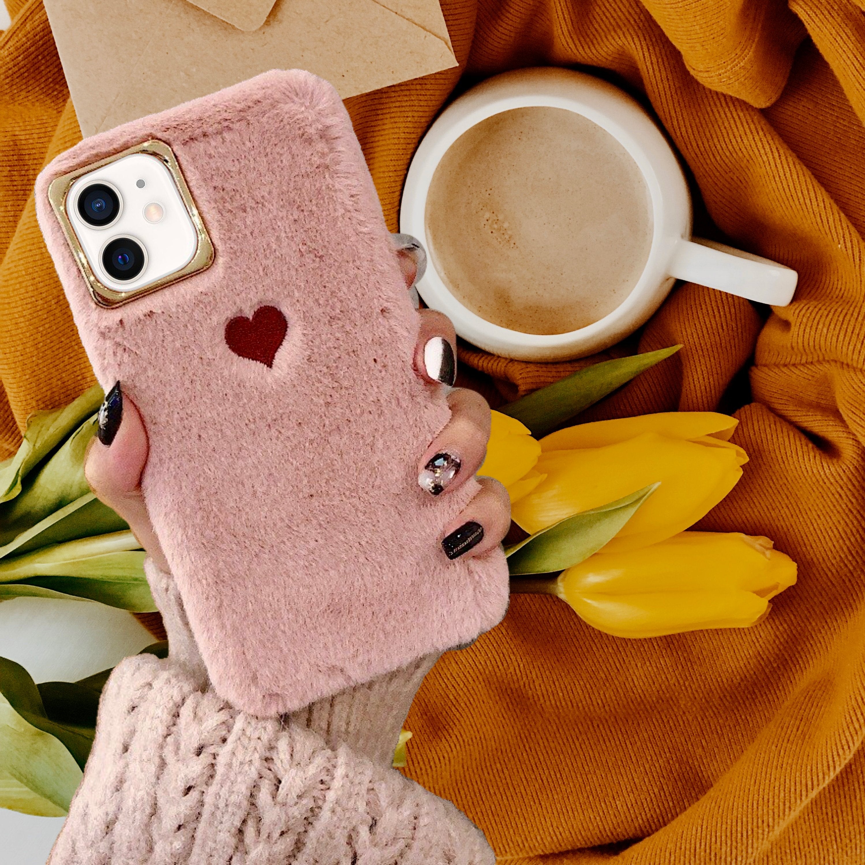 Cute Heart Plush Fur Cover iPhone cover – JustAndBest India