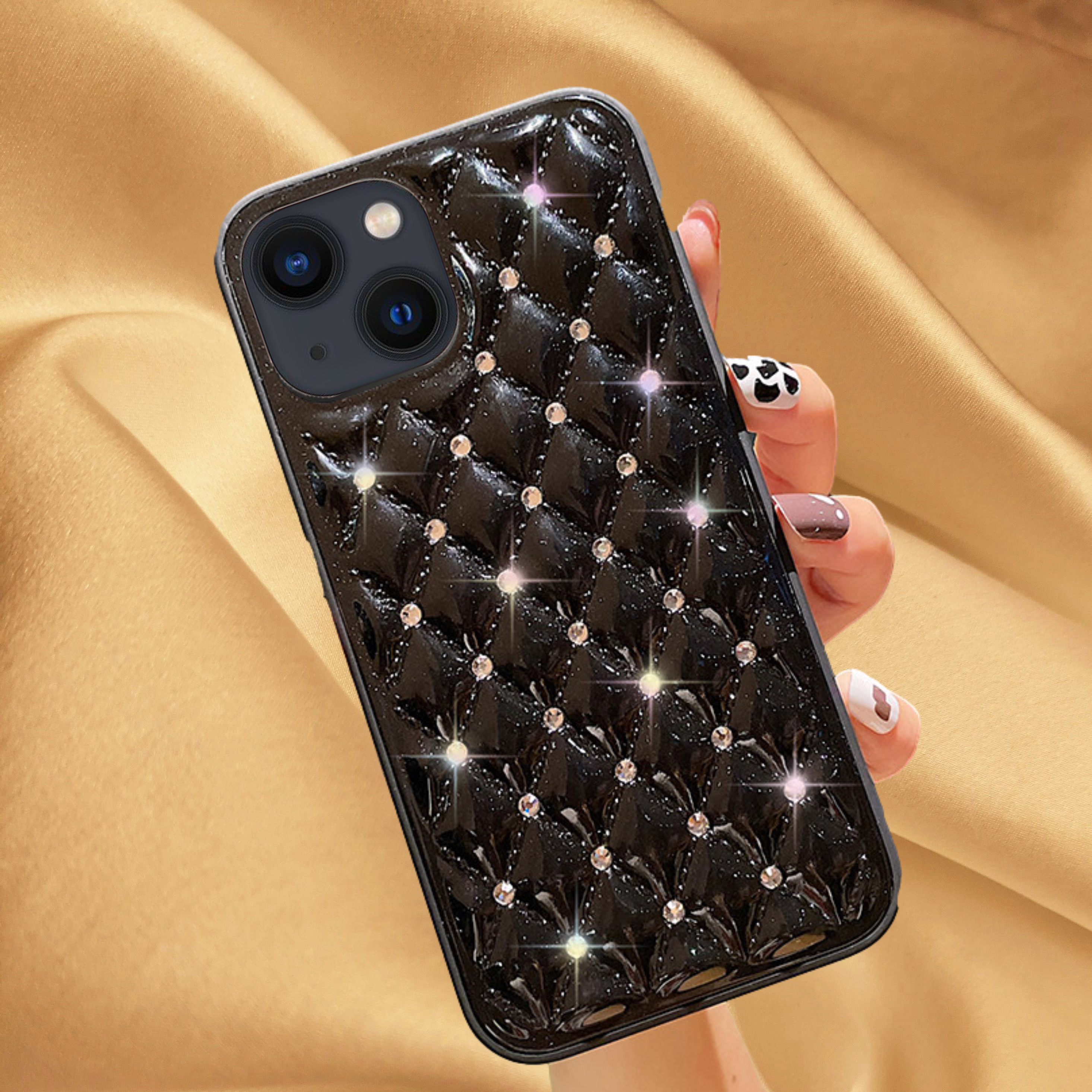 Glossy Black Grid Diamond Rhinestones Luxury Case iPhone cover – JustAndBest India