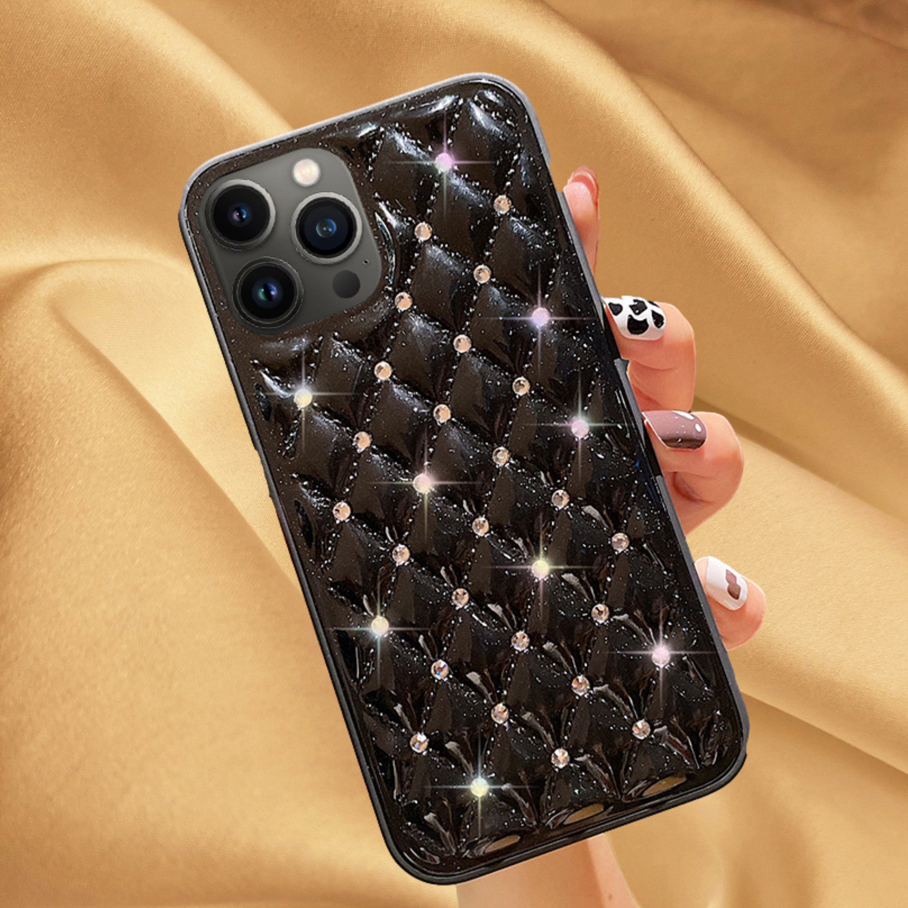 Glossy Black Grid Diamond Rhinestones Luxury Case iPhone cover – JustAndBest India
