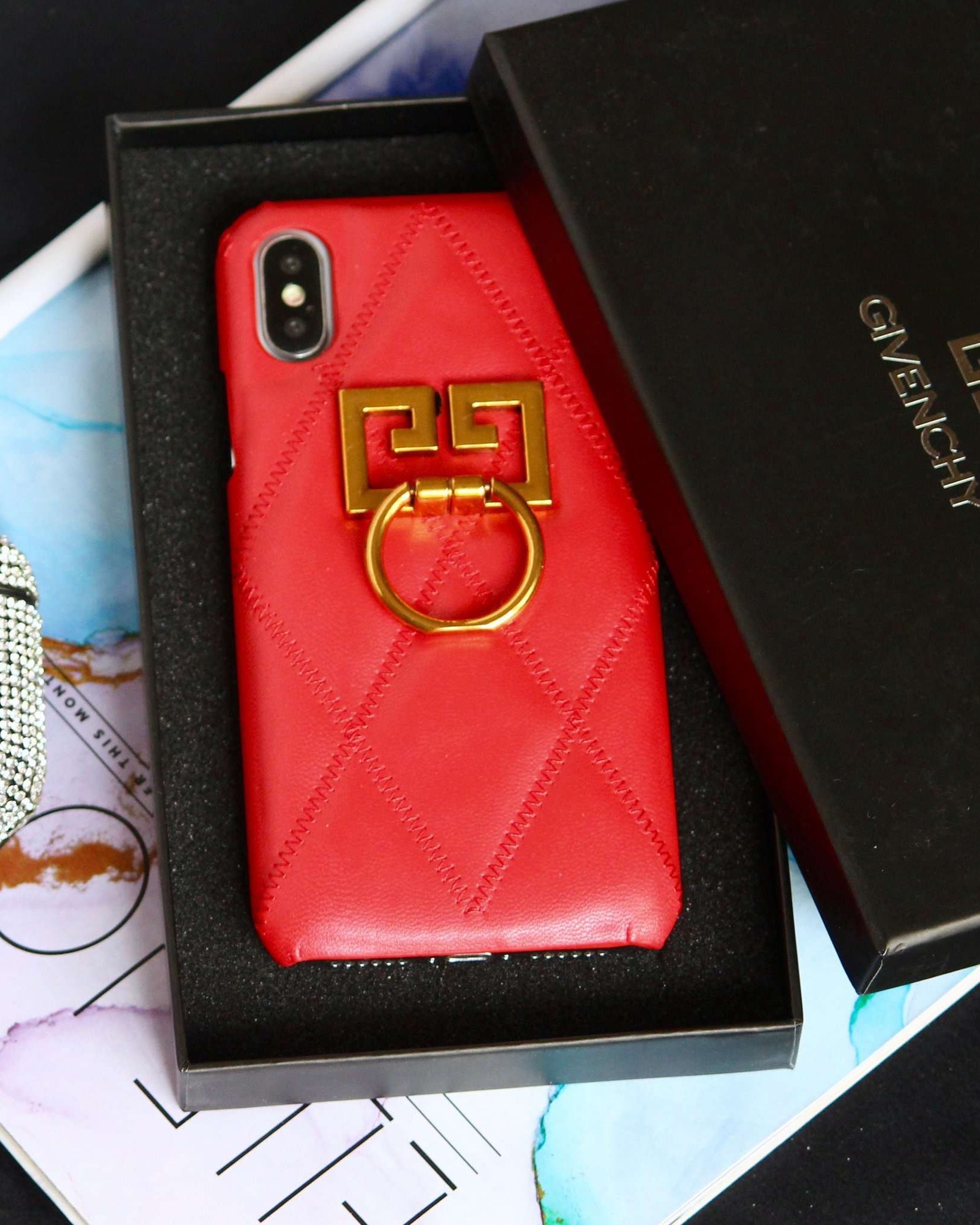 G i v e n c h y -  Ring Holder Premium Leather Luxury Cover iPhone XS / XR