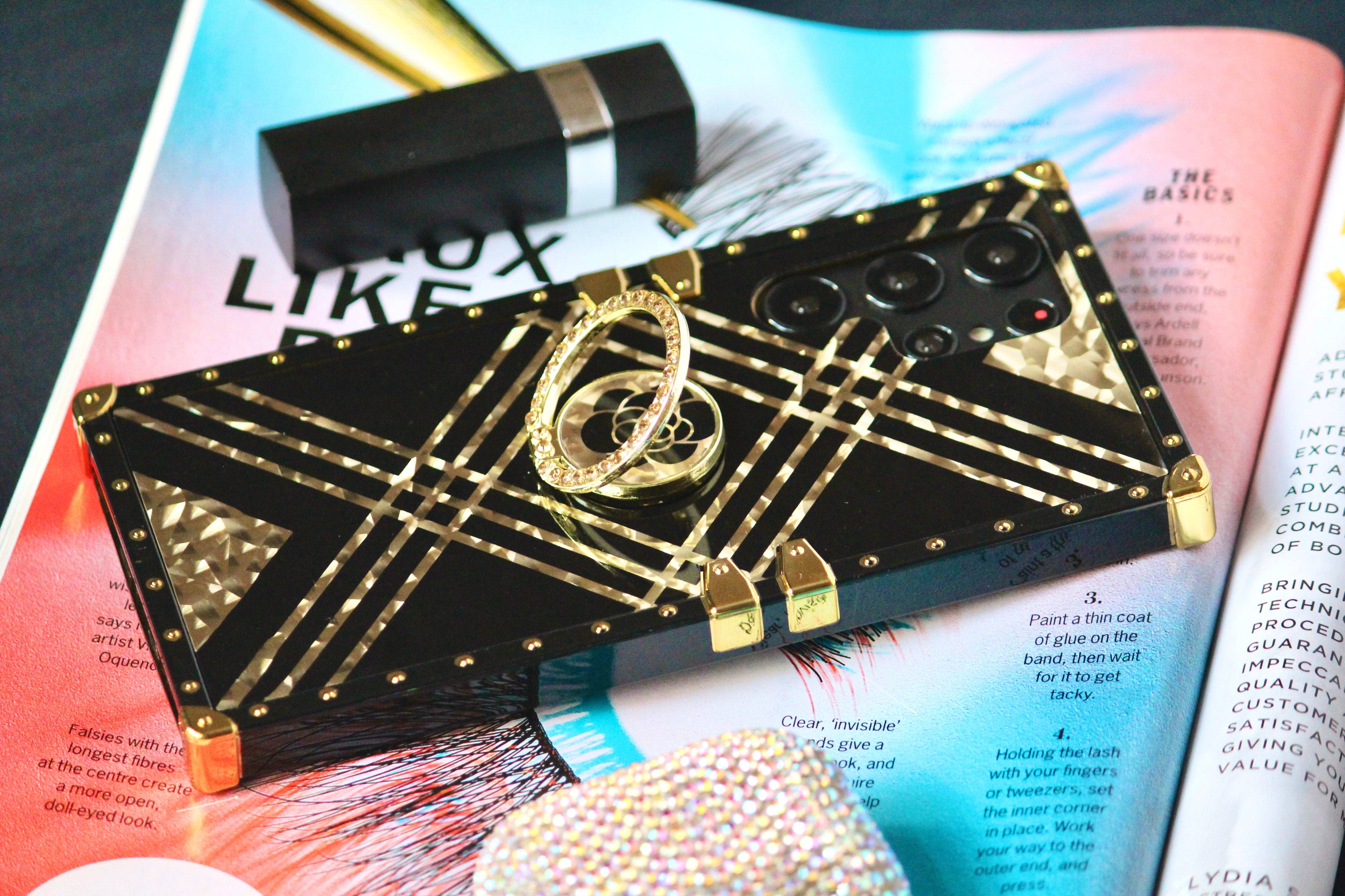 Samsung Galaxy S25 Series Black & Gold Rose Rhinestones Ring Holder Cover - slim profile