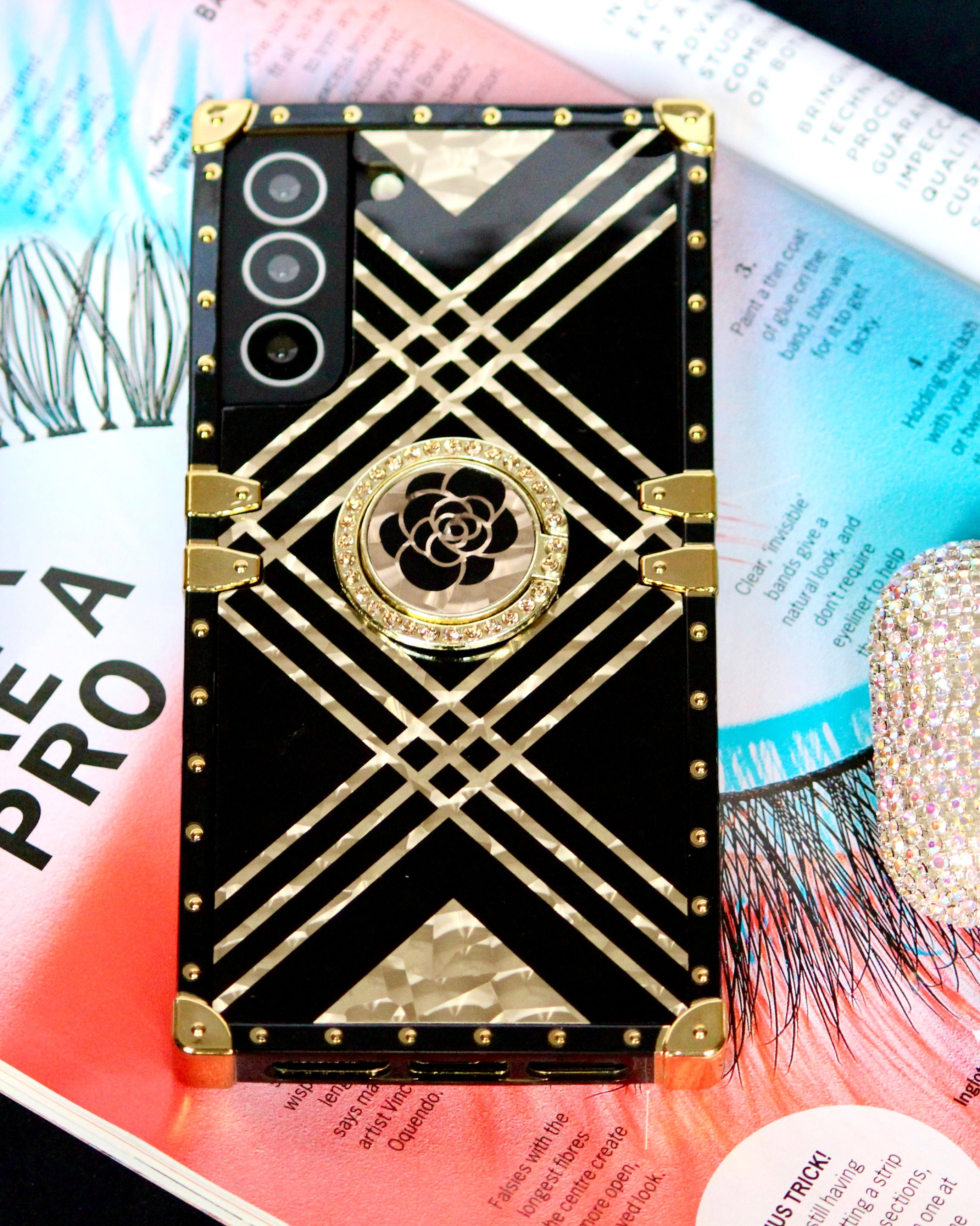 Black & Gold Rose Rhinestones Ring Holder Luxury Cover – phone accessory by JustAndBest India