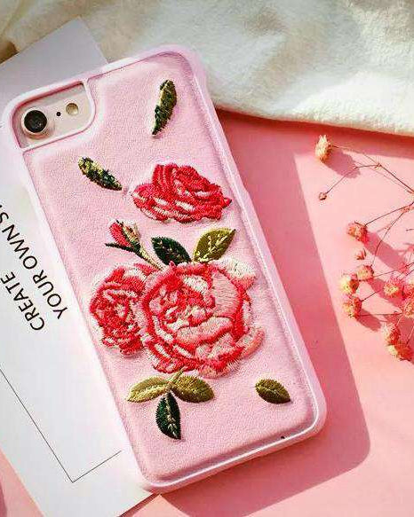 Pink Leather Embroidered Rose Case