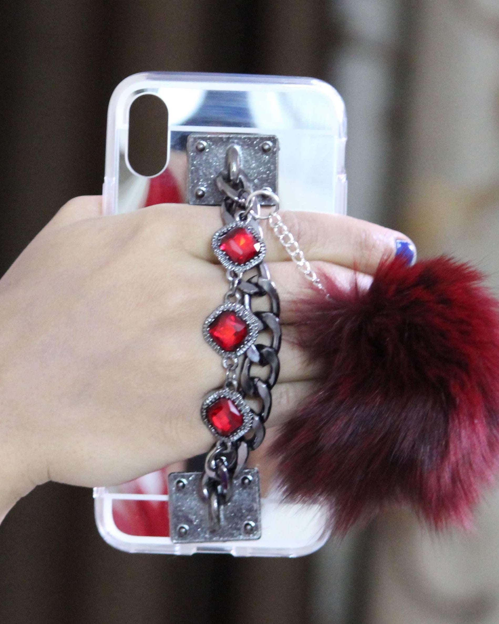 Red Rhinestone Bracelet Pompom Mirror Case for iPhone XS / X
