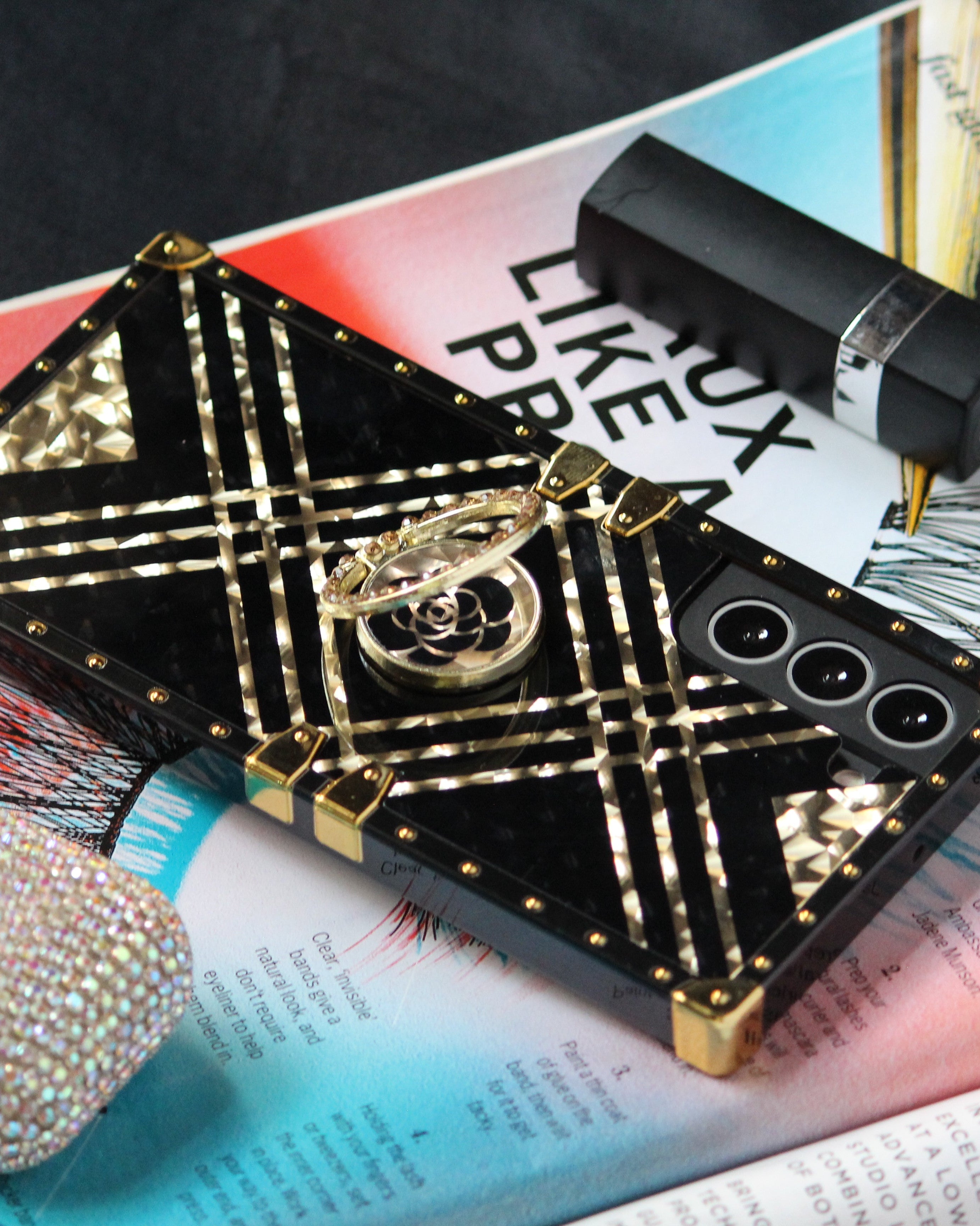 Black & Gold Rose Rhinestones Ring Holder Luxury Cover – phone accessory by JustAndBest India