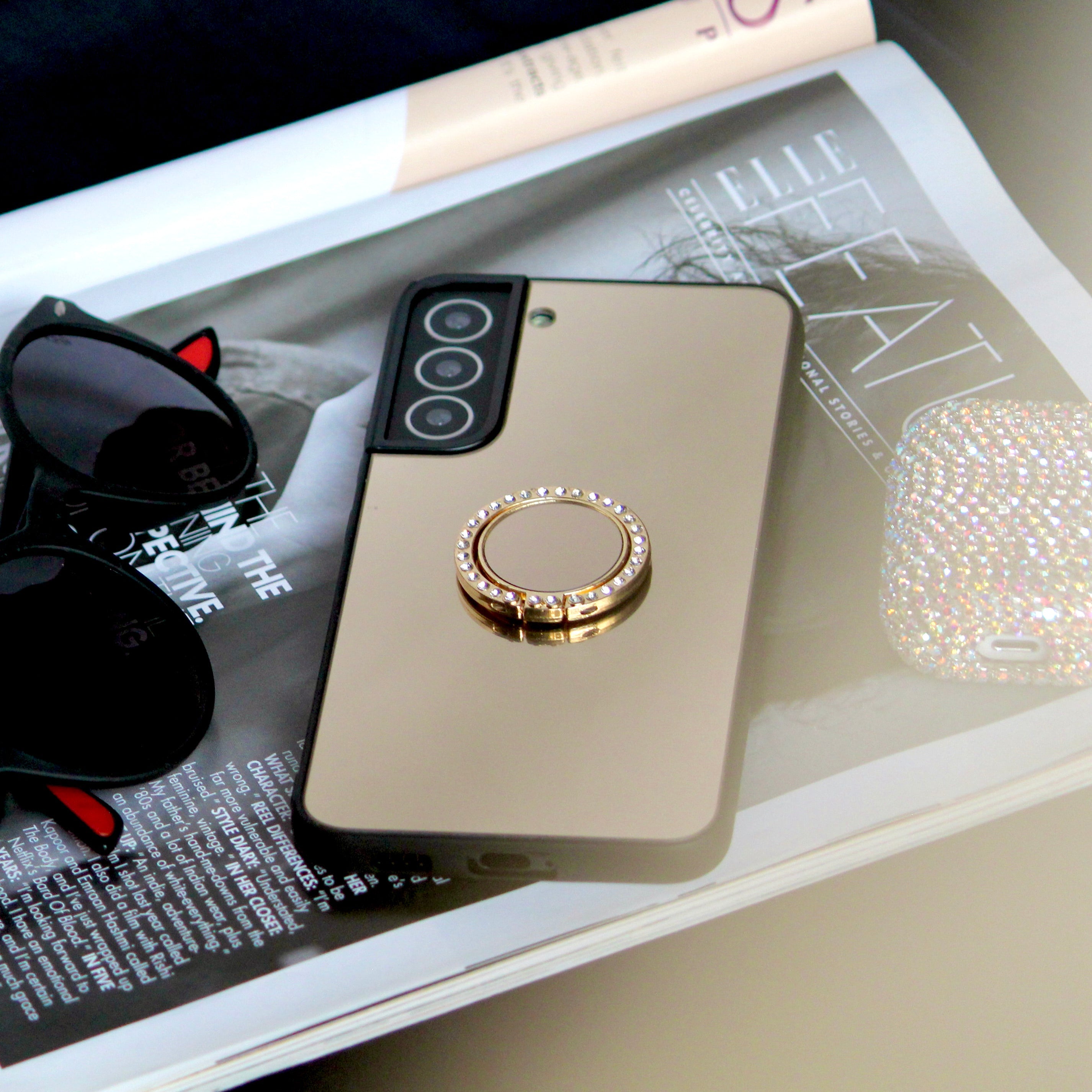 Gold Mirror Rhinestones Ring Holder Luxury Cover – phone accessory by JustAndBest India