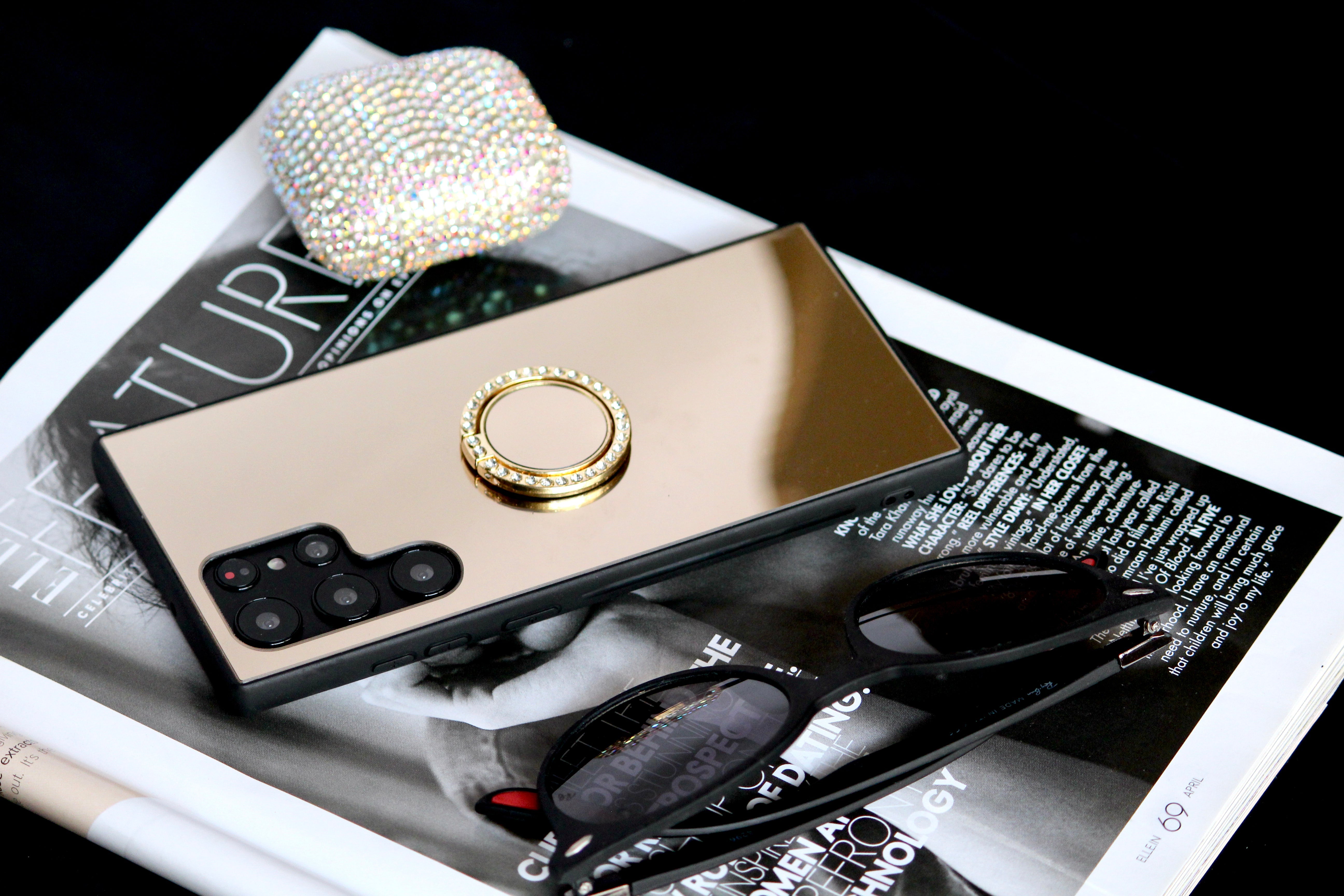 Gold Mirror Rhinestones Ring Holder Luxury Cover – phone accessory by JustAndBest India