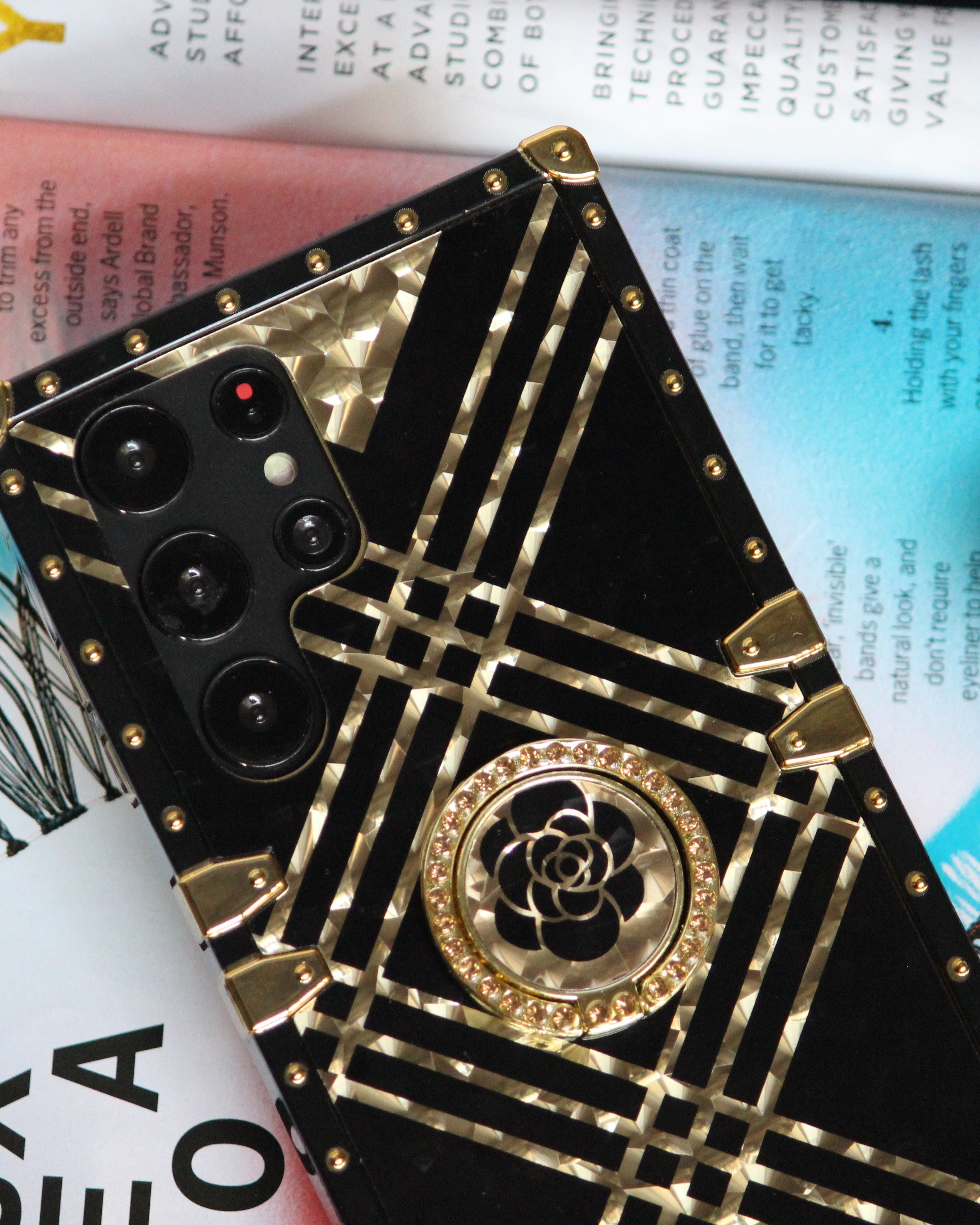 Black & Gold Rose Rhinestones Ring Holder Luxury Cover – phone accessory by JustAndBest India