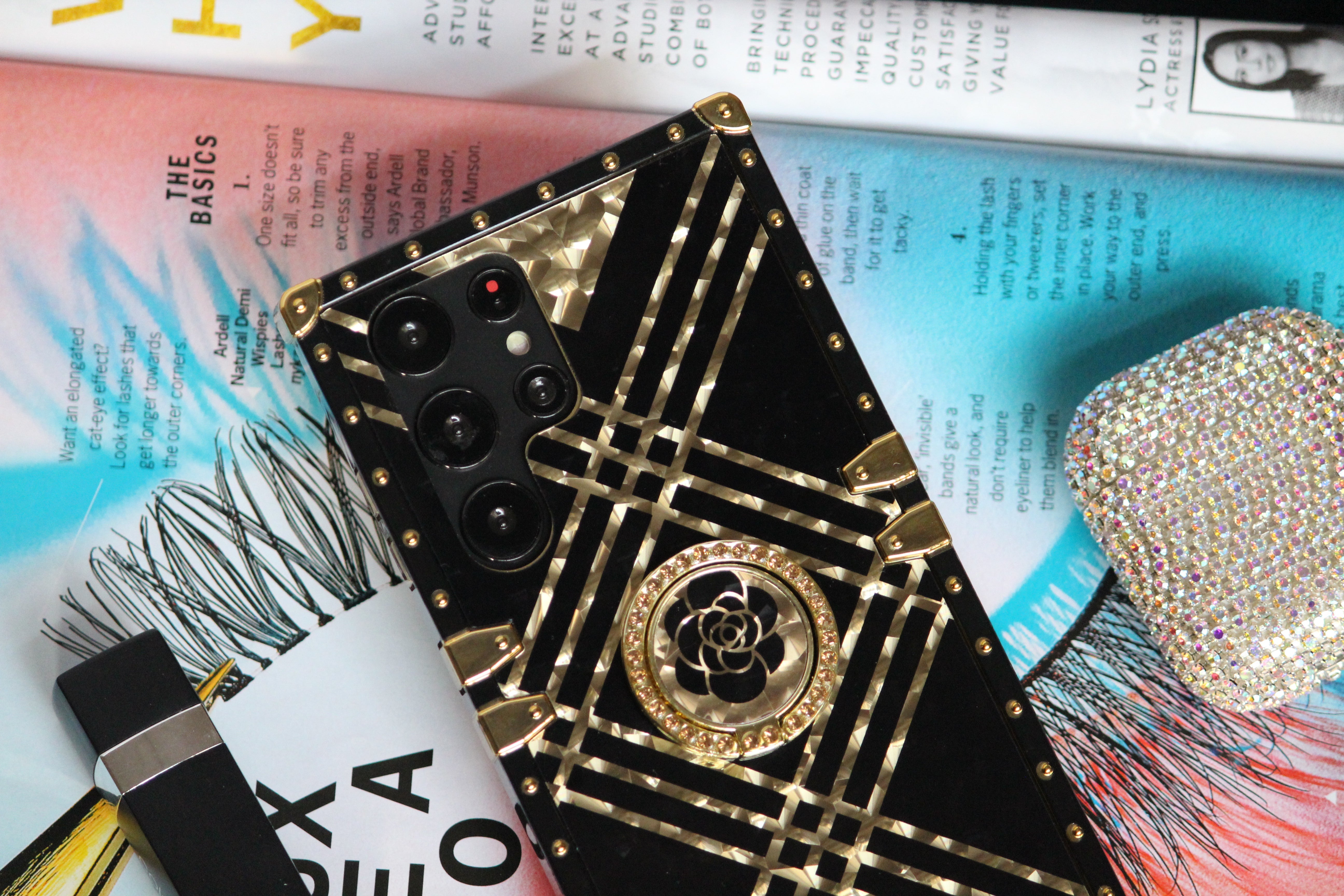 Samsung Galaxy S25 Series Black & Gold Rose Rhinestones Ring Holder Cover - slim profile