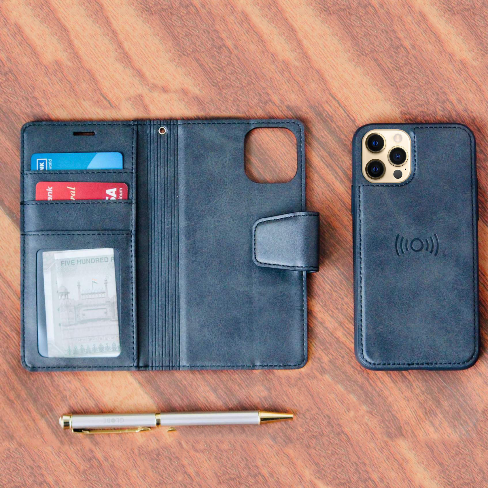 Two-In-One Wallet Style Premium Black Leather Luxury Flip Case iPhone cover – JustAndBest India