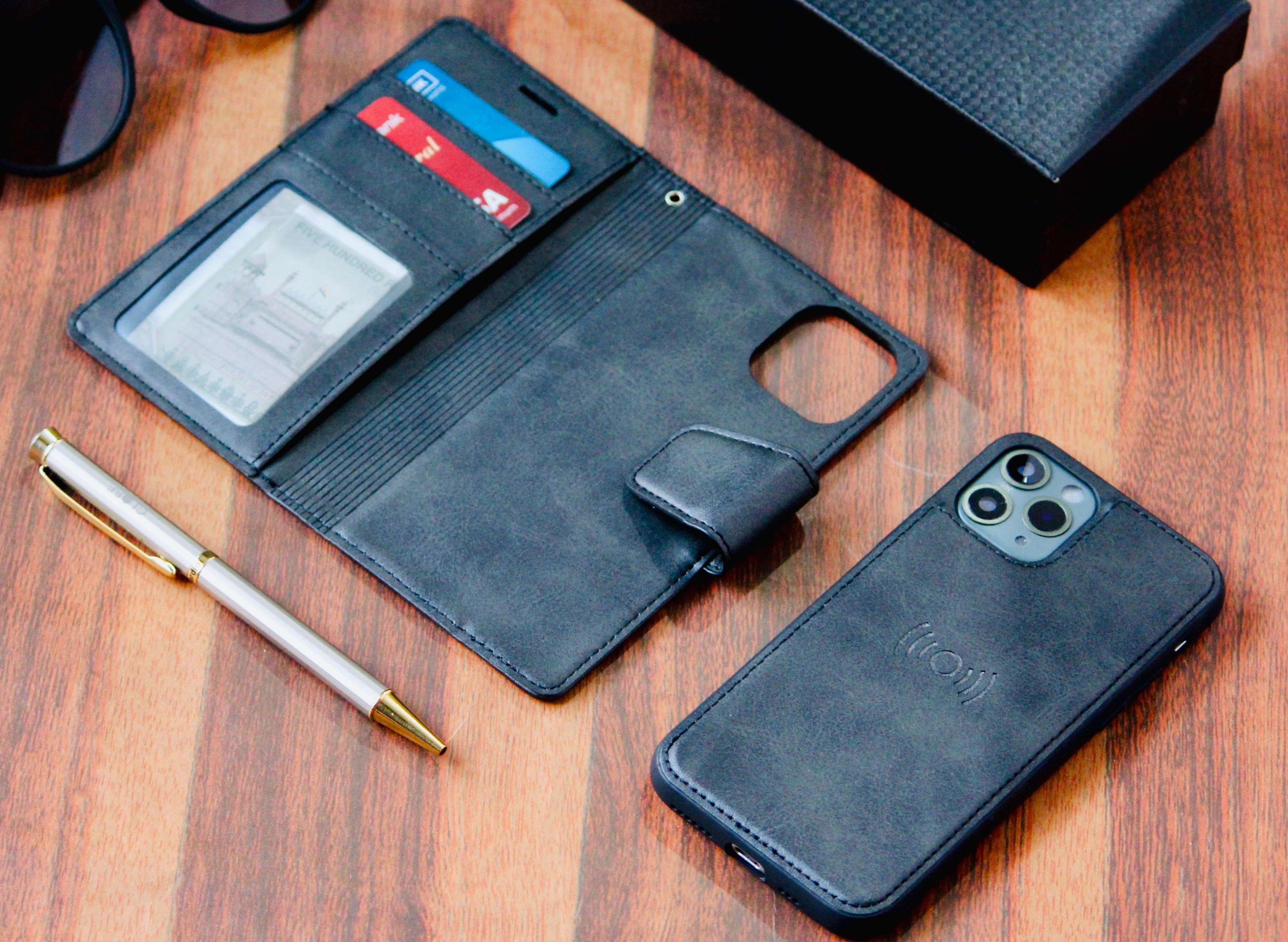 Two-In-One Wallet Style Premium Black Leather Luxury Flip Case iPhone cover – JustAndBest India