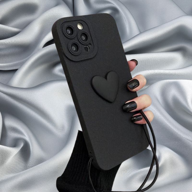 Midnight Black Cute Heart Lanyard Cover – phone accessory by JustAndBest India
