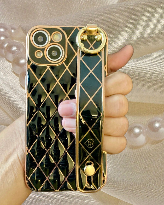 Glossy Black Grid Gold Electroplated Hand Strap Cover