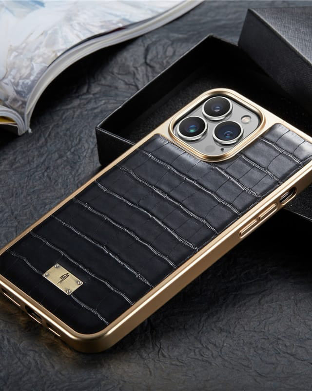 Midnight Black Gold Plated Leather iphone Cover