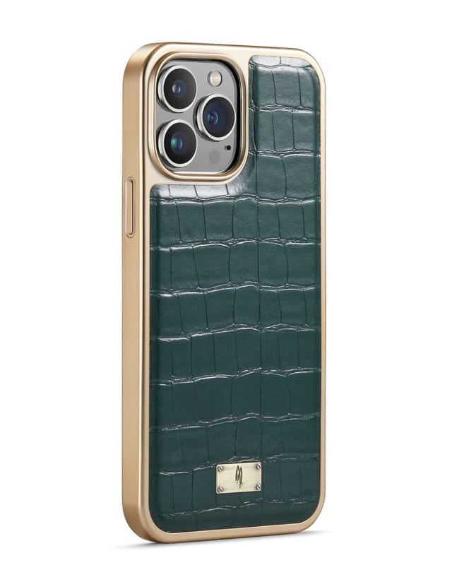 Forest Green Gold Plated Leather iphone 14 Case