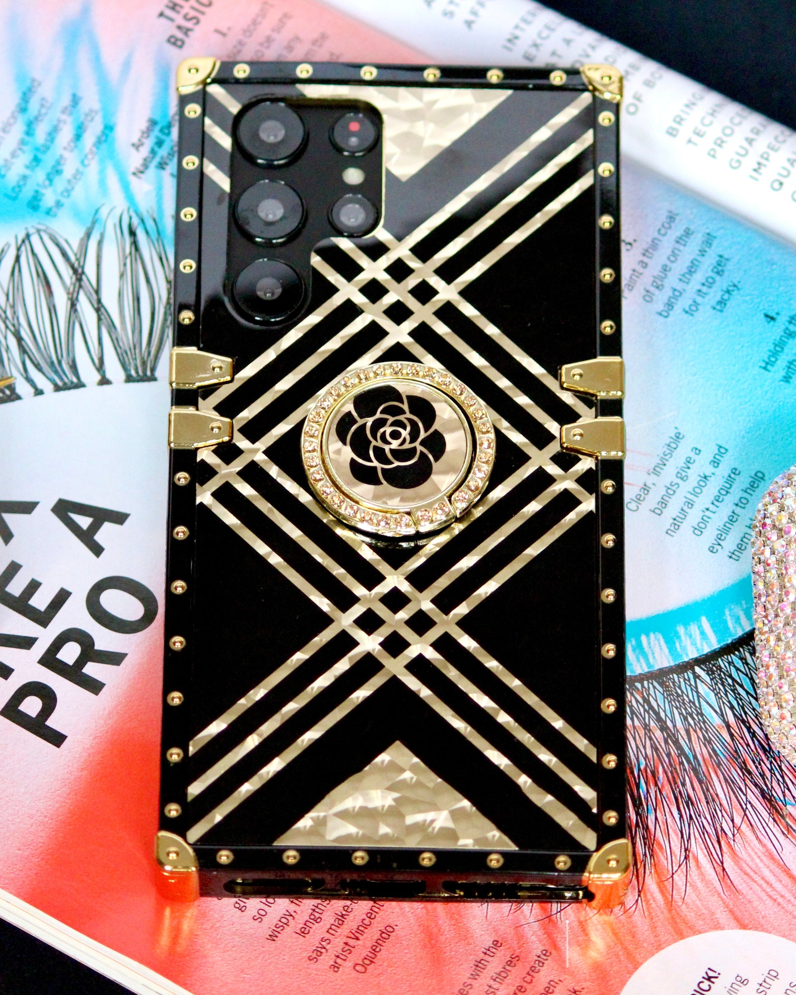 Black & Gold Rose Rhinestones Ring Holder Luxury Cover – phone accessory by JustAndBest India