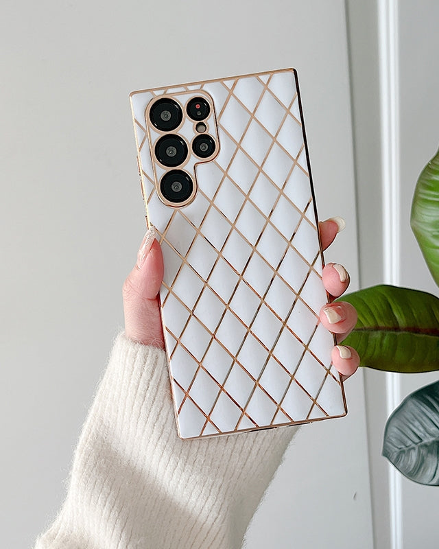 Glossy White Grid Gold Electroplated Cover for Samsung S22
