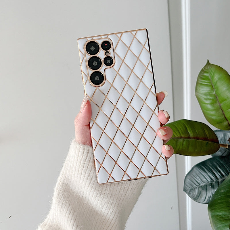Glossy White Grid Gold Electroplated Cover for Samsung S22